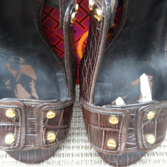 TORY BURCH 9M NAOMI Brown Croc Embossed Leather Slingback Heels - Picture 9 of 9